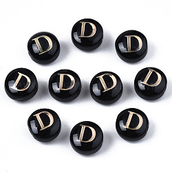Handmade Lampwork Beads, with Golden Plated Brass Etched Metal Embellishments, Flat Round with Alphabet, Letter.D, 8x5mm, Hole: 0.8mm