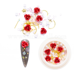 Accessoires nail art de décoration, avec résine et cabochons en laiton doré et perles d'imitation en plastique ABS et fleur en aluminium, formes mixtes, rouge, 2~12x1~12x0.5~4mm