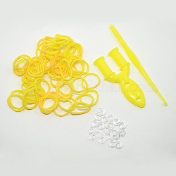 (Defective Closeout Sale), Rubber Bands Refills, with Tool and Plastic S-Clips, Yellow, Hook: 80x6x3mm, Tool: 25x54x7mm, Clip: 11x6x2mm, Band: 6x1mm, about 260pcs/bag