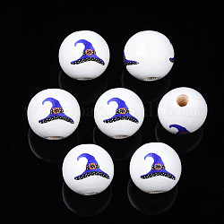 Perles en bois naturel imprimé halloween, rond avec chapeau de sorcière, bleu moyen, 15.5x14.5mm, Trou: 4mm