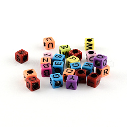 Perline cubo acrilico opaco lettere miste, foro orizzontale, colore misto, 6x6x6mm, Foro: 3 mm, circa 3100pcs/500g