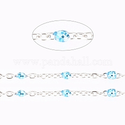 304 handgefertigte Perlenkette aus Edelstahl, Kabelketten, mit Emaille und Glitzerpulver, gelötet, mit Spule, Flachoval, Himmelblau, 2x1.5x0.3 mm, Perle: 2 mm, ca. 32.8 Fuß (10m)/Rolle