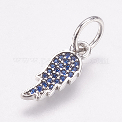 Thai 925 Sterling Silver Charms, with Cubic Zirconia, Wing, Antique Silver, Blue, 15x6x1mm, Hole: 5mm