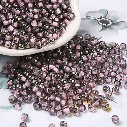 Transparente innenfarbene Glas-Saatperlen, halb plattiert, Rundloch, Runde, Perle rosa, 4x3 mm, Bohrung: 1.2 mm, 7650 Stück / Pfund