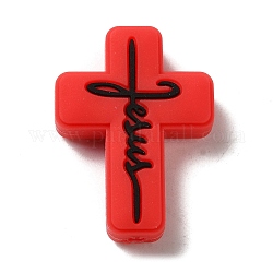 Perles de silicone, croix avec le mot jésus, rouge, 30x22x8mm, Trou: 2.5mm