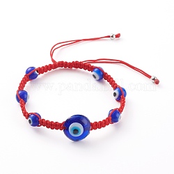 Bracelets de perles de nylon tressés réglables, bracelets ficelle rouge, avec la main perles au chalumeau de mauvais œil, rouge, diamètre intérieur: 2~3-3/8 pouce (5~8.5 cm)