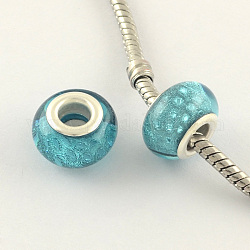 Large Hole Acrylic European Beads, with Silver Color Plated Brass Double Cores, Rondelle, Sky Blue, 14x9mm, Hole: 5mm