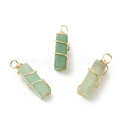 Natural Green Aventurine Pendants, with Golden Tone Copper Wire Wrapped, Cuboid, 19~20x6x6mm, Hole: 2.5~3mm