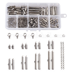 304 Stainless Steel Slide On End Clasp Tubes & Open Jump Rings & Lobster Claw Clasps & Chain Extender, Stainless Steel Color, 260pcs/box