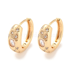 Brass with Cubic Zirconia Hoop Earrings, Star & Oval, Light Gold, 17.5x7mm