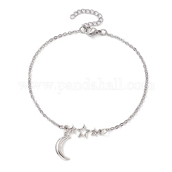 304 Stainless Steel Cable Chain Anklets, with Tibetan Style Zinc Alloy Charms, Moon, Antique Silver, 9-1/8 inch(23.2cm)