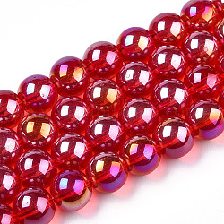 Chapelets de perles en verre transparent électrolytique, de couleur plaquée ab , ronde, rouge, 8~8.5mm, Trou: 1.5mm, Environ 51~53 pcs/chapelet, 14.96 pouce ~ 15.55 pouces (38~39.7 cm)
