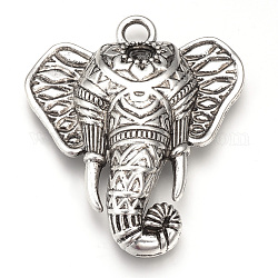 Gros pendentifs en alliage de style tibétain, éléphant, sans cadmium et sans plomb, argent antique, Plateau: 6 mm, 55x47x8mm, Trou: 5mm