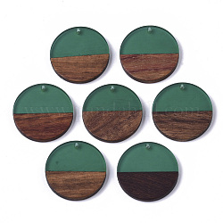 Pendentifs en résine transparente et bois de noyer, plat rond, vert de mer, 28.5x3.5~4mm, Trou: 1.5mm