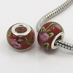 Handmade Lampwork European Beads, Large Hole Beads, with Silver Color Brass Core, Rondelle, Red, about 14~15mm in diameter, 9~10mm thick, hole: 5mm