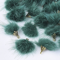 Décorations pendantes de pompon en fausse fourrure de vison, avec les accessoires en alliage, Or antique, sarcelle, 20~30x28~30mm, Trou: 1.8mm