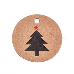 Бумажные подарочные бирки, хэндж теги, для декоративно-прикладного искусства, на Рождество, плоский раунд с рисунком елки, деревесиные, 30x0.3 мм, отверстие : 3 мм