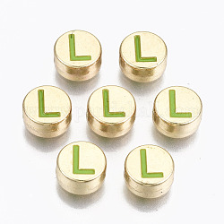 Legierung Emaille-Perlen, cadmiumfrei und bleifrei, flach rund mit Anfangsbuchstaben, Licht Gold, gelb-grün, letter.l, 8x4 mm, Bohrung: 1.5 mm