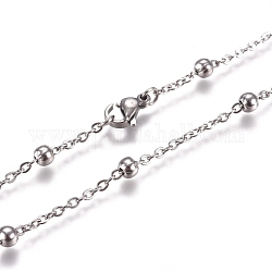 304 Edelstahl Kabelkette Halsketten, mit runden Perlen und Karabinerverschlüsse, Edelstahl Farbe, 17.71 Zoll (45 cm), 2 mm