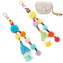 Wadorn 2 pièces 2 couleurs coloré boho pompon boule gland polyester pendentif décorations avec perle en bois pour les femmes, pour porte-clés voiture porte-clés sac à main sac sac à main pendentif, couleur mixte, 205~210mm, 1 pc / couleur