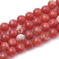 Cuentas de perlas de ágata craqueladas naturales teñidas, redondo, rojo, 10~11mm, agujero: 1 mm, aproximamente 38 pcs / cadena, 15.1 pulgada