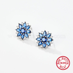 Flower Rhodium Plated Platinum 925 Sterling Silver Stud Earrings, with Cubic Zirconia, Blue, 17mm