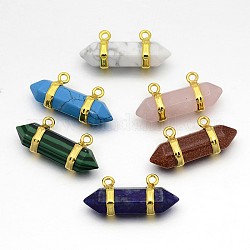 2-Hole Mixed Gemstones or Glass Bullet Pointed Pendants, with Golden Brass Findings, Mixed Color, 8x30mm, Hole: 2mm