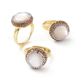 Anillo de perlas de concha ajustable con rhinestone, anillo ancho de latón dorado para mujer, blanco, diámetro interior: 17.5~22 mm