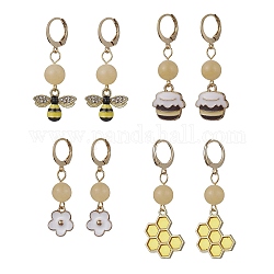 4 paio di orecchini pendenti a leva pendenti in lega di fiori e api in 4 stili per donna, orecchini pendenti con perline rotonde di giada topazio naturale, oro, 42~49x11~17mm, 1 paio/stile