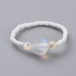Perles de rocaille en verre bagues extensibles, avec des perles de pierre de lune synthétiques givrées et des perles de coquillages, ronde, blanc, taille 10, 20mm