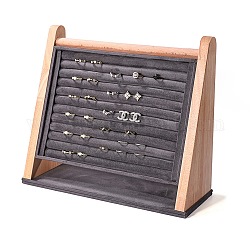 Multi-Slot-Ring-Organizer-Ständer aus Samt mit schräger Rückseite, mit Holzsockel, für Ringe, Ohrringe anzeigen, Grau, 31x11.5x27 cm