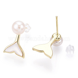 Whale Tail Natural White Shell & Pearl Stud Earrings, Brass Earring with 925 Sterling Silver Pins, Real 18K Gold Plated, 16.5x10.5mm, Pin: 12x0.8mm