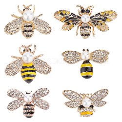 Wadorn 6 pièces 6 épingles en émail style abeilles avec perles d'imitation, broches en alliage avec strass pour vêtements de sac à dos, or, 23~33.5x36.5~41.5x13~18.5mm, pin: 0.7~0.8 mm, 1pc / style