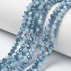 FilI di perline in vetro placcato, perle di imitazione giada, mezzo placcato, blu placcato, sfaccettato, rondelle, cielo blu, 4x3mm, Foro: 0.4 mm, circa 123~127pcs/filo, 16.5~16.9 pollice (42~43 cm)