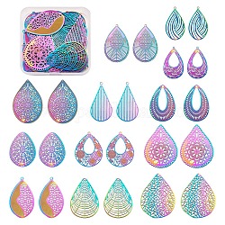 Fashewelry 48 Pcs 12 Styles 201 Stainless Steel Filigree Pendants, Etched Metal Embellishments, Teardrop, Rainbow Color, 4pcs/style