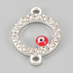 Connecteurs de liens de strass d'alliage, sans cadmium et sans plomb, anneau avec le mauvais oeil, rouge, couleur argentée, 19.5x14x2mm, Trou: 1mm