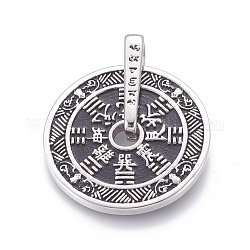 304 colgante de moneda taoísta de acero inoxidable, plano redondo con bagua, plata antigua, 42.5mm, agujero: 5x6 mm