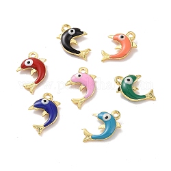 Brass Enamel Pendants, Real 18K Gold Plated, Dolphin with Evil Eye, Mixed Color, 12.5x8x3mm, Hole: 1mm