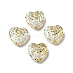 Plating Acrylic Beads, Golden Metal Enlaced, Heart with Flower Pattern, White, 17x18x6mm, Hole: 1.6mm