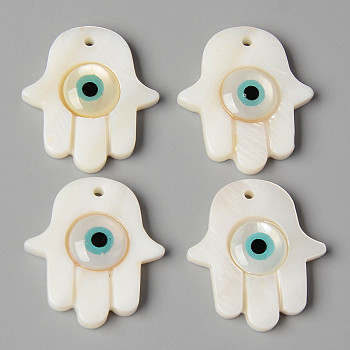 Natural Freshwater Shell Pendants, with Enamel, Hamsa Hand/Hand of Fatima/Hand of Miriam with Evil Eye, Turquoise, 27x24x5mm, Hole: 1.6mm