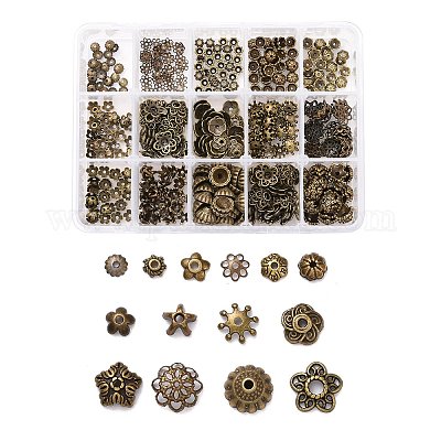 450pcs/Box 5 Styles Tibetan Iron Long Filigree Flower Spacer Bead Caps  Metal Cones Bead End Caps Mixed Colors for Jewelry Making Hole: 1-2mm