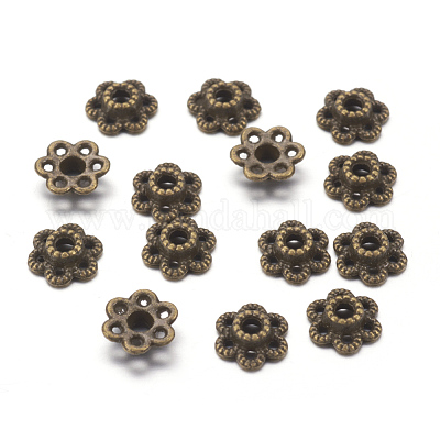 6-Petal Flower Alloy Bead Caps, Tibetan Style, Cadmium Free & Nickel Free &  Lead Free, Antique Bronze, 7x2mm, Hole: 1.5mm