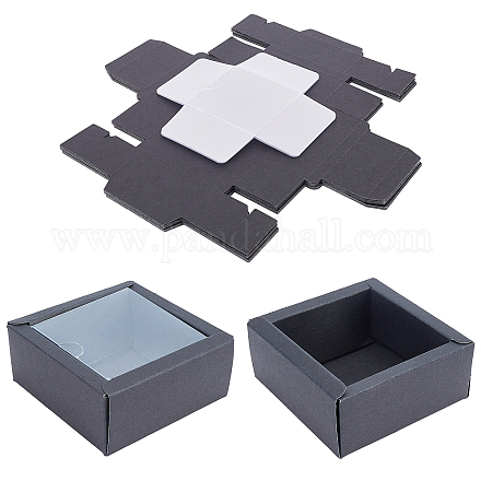 クラフト紙のボール紙ジュエリーボックス  PVCパーツ  正方形  ブラック  箱：8.3x8.3x3.6ミリ CON-FH0001-32C-1