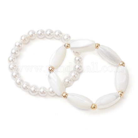 2Pcs 2 Style Shell Pearl Round & Oval Beaded Stretch Rings Set RJEW-TA00089-1