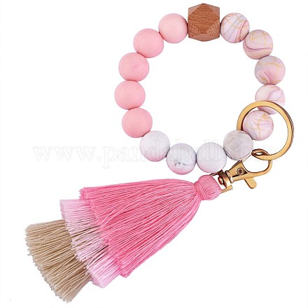 Bracelet porte-clés bracelet porte-clés en perles de silicone avec pompon style bohème porte-clés poignet pour femmes et filles JX287B-1
