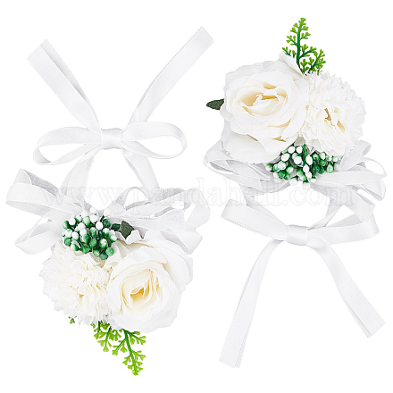 CRASPIRE 2PCS Wedding Wrist Flower White Artificial Floral Wrist Corsage Bridal Rose Leaf Silk Ribbon Hand Flowers for Bride and Bridesmaid Festival Prom Engagement Ceremony AJEW-CP0001-51B-1