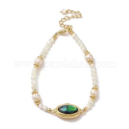 Bracelet à maillons ovales en coquillage paua naturel avec perles BJEW-C051-37G-1