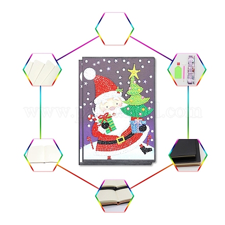 DIY クリスマステーマダイヤモンド塗装ノートキット  pu レザーブック入り  樹脂ラインストーン  ペン  トレープレートと接着剤クレイ  サンタクロース  210x150mm XMAS-PW0001-108I-1