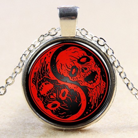 Feng Shui Yin-Yang with Skull Pattern Flat Round Glass Pendant Necklaces NJEW-N0051-010E-02-1