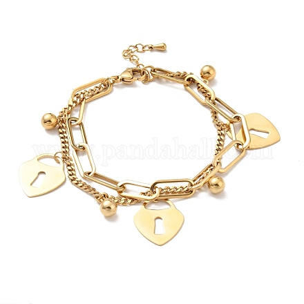 Bracelet multirangs charm cadenas et boule ronde BJEW-G639-19G-1